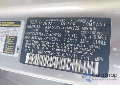 2013 Hyundai Santa Fe Limited from USA, damaged, VIN KM8SRDHF7DU031710